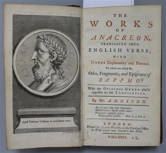 Anacreon - Works, Translation by John Addison, 12mo, contemporary calf, in English and Greek, London 1735